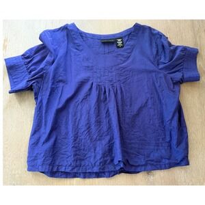 Apostrophe Royal Blue Silk Cotton Blend Pintuck Pleated Short Sleeve Blouse L